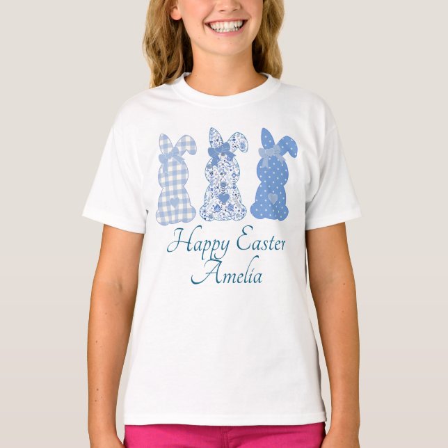 Happy Easter Three Bunny Blue Personalised T-Shirt (Front)