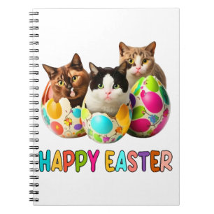 Happy Easter Three Cat Colourful Easter Eggs Kitty Notebook