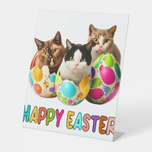 Happy Easter Three Cat Colourful Easter Eggs Kitty Pedestal Sign
