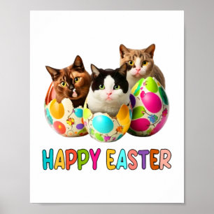 Happy Easter Three Cat Colourful Easter Eggs Kitty Poster