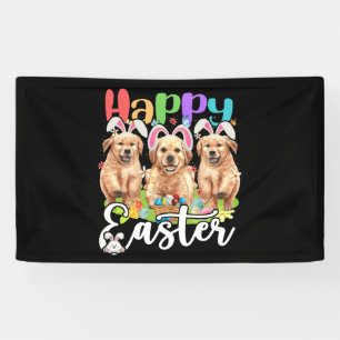 Happy Easter Three Golden Retriever Wearing Bunny Banner
