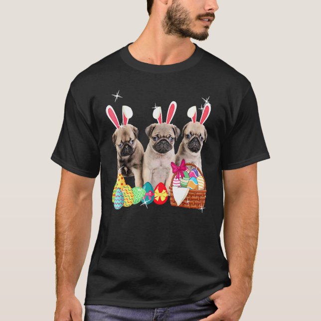 Happy Easter Three Pug Wearing Bunny Ear Dog T-Shirt (Front)
