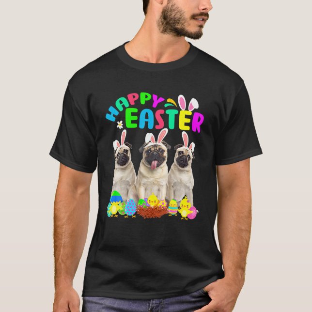 Happy Easter Three Pug Wearing Bunny Ear Pug Lover T-Shirt (Front)