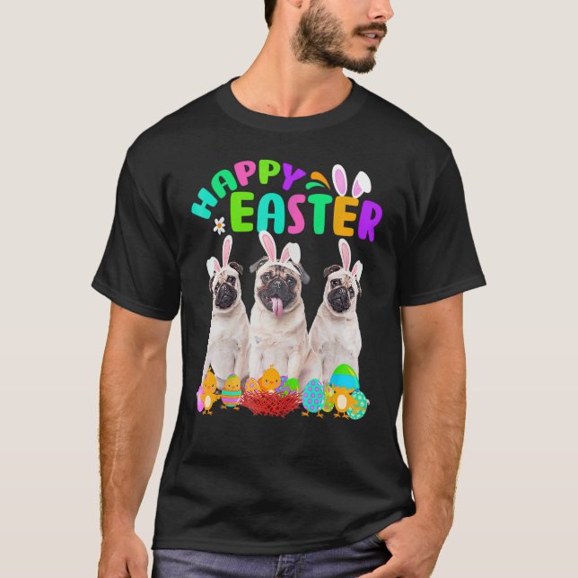 Happy Easter Three Pug Wearing Bunny Ear Pug T-Shirt (Front)