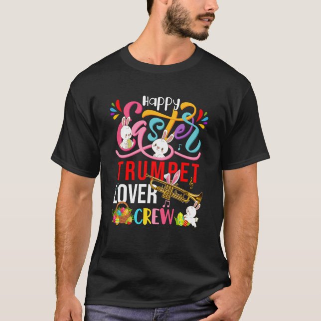 Happy Easter Trumpet Crew Cute Bunnies Instrument T-Shirt (Front)
