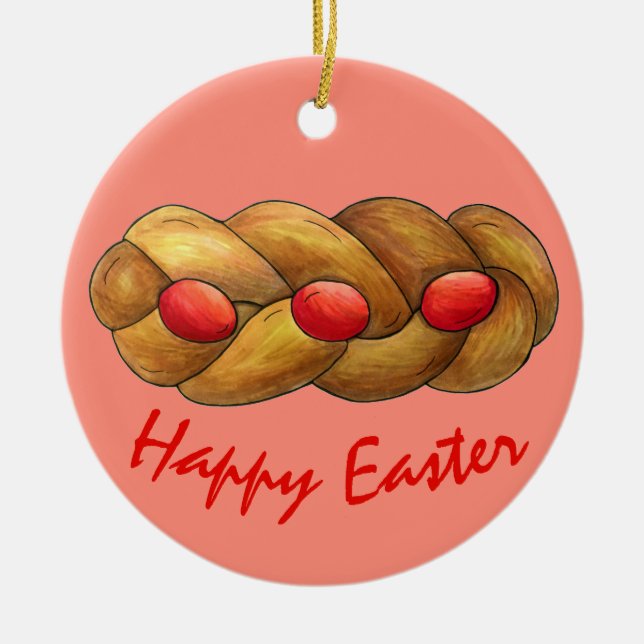 Happy Easter Tsoureki Greek Armenian Holiday Bread Ceramic Tree Decoration (Front)