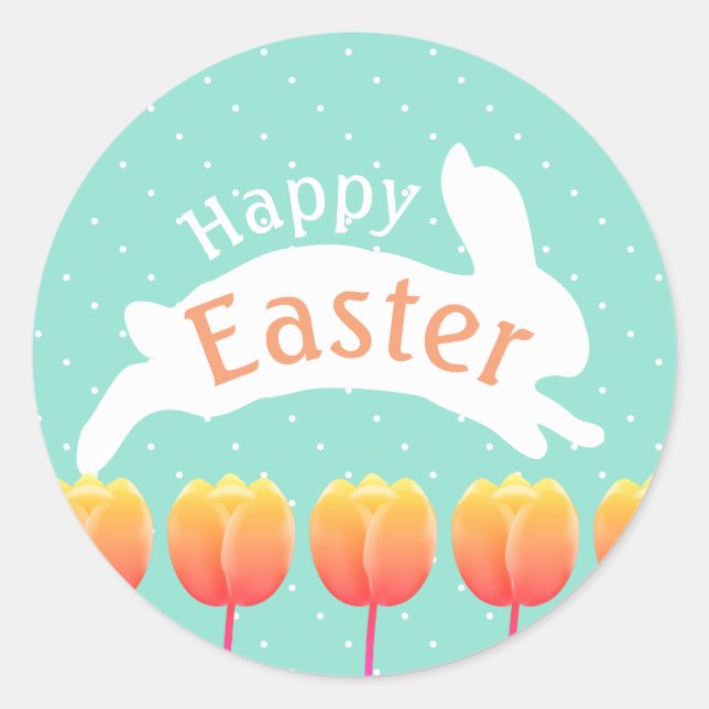 Happy Easter Tulips & Rabbit Classic Round Sticker (Front)