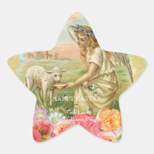 Happy Easter Typography Vintage Angel Lamb Star Sticker
