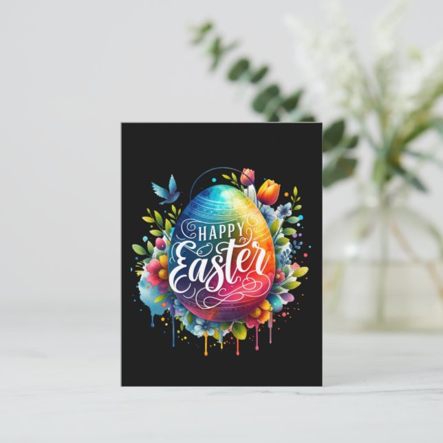 Happy Easter: Vibrant Watercolor Easter Egg Holiday Postcard (Standing Front)