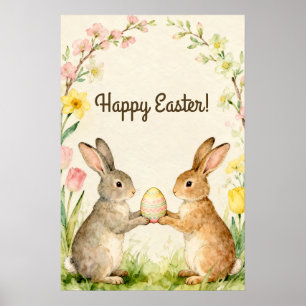 Happy Easter Vintage Bunnies with Egg Poster