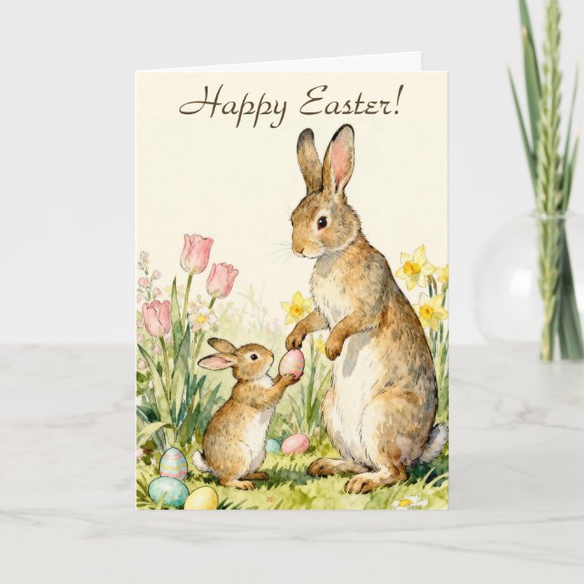 Happy Easter Vintage Bunnies with Painted Eggs Card (Front)