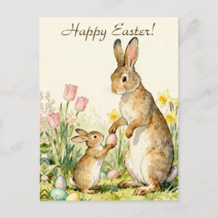 Happy Easter Vintage Bunnies with Painted Eggs Postcard