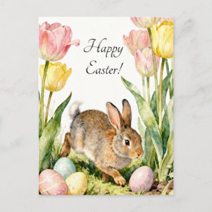 Happy Easter Vintage Bunny Eggs & Spring Flowers Postcard