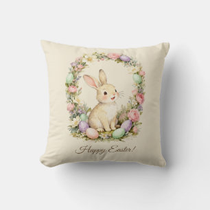 Happy Easter Vintage Bunny Floral Wreath Cushion