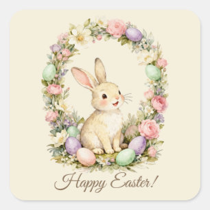 Happy Easter Vintage Bunny Floral Wreath Square Sticker