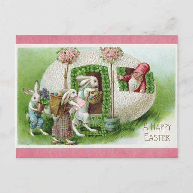 Happy Easter Vintage Bunny Rabbit Egg Gnome Postcard (Front)