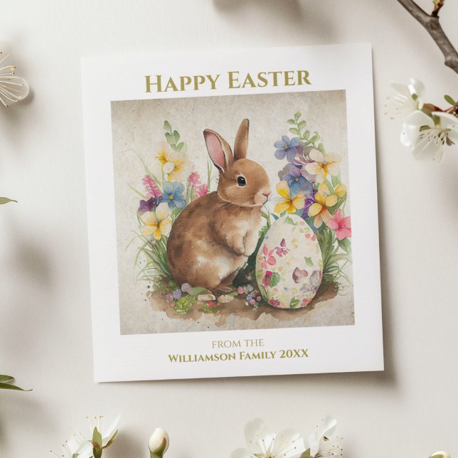 Happy Easter Vintage Bunny Rabbit Personalised Holiday Card (Persoalize with Family Name & Year)