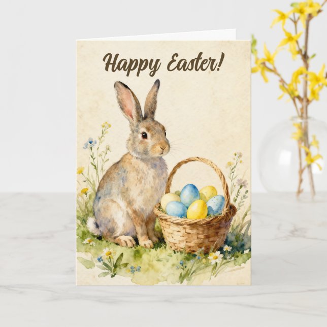Happy Easter Vintage Bunny with Egg Basket Card (Yellow Flower)