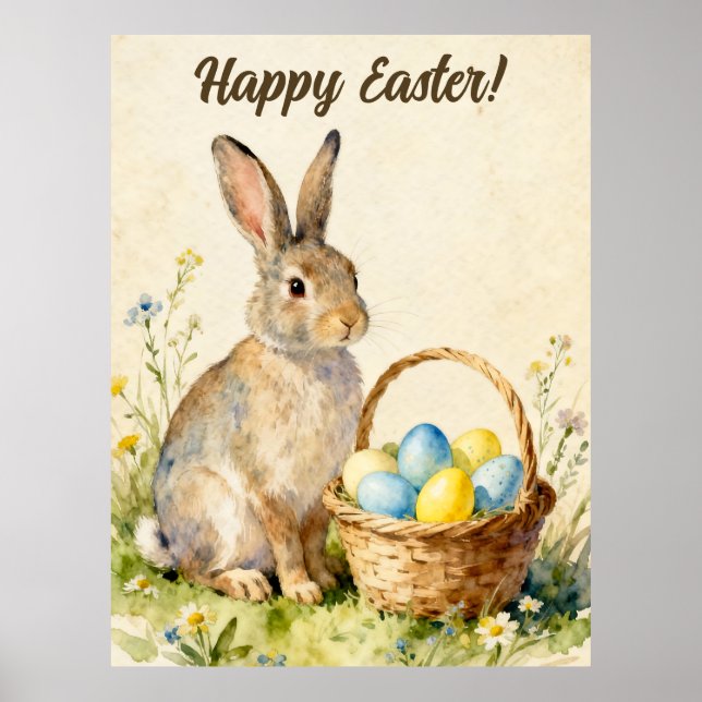 Happy Easter Vintage Bunny with Egg Basket Poster (Front)