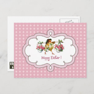 Happy Easter. Vintage Chick with Flowers Holiday Postcard
