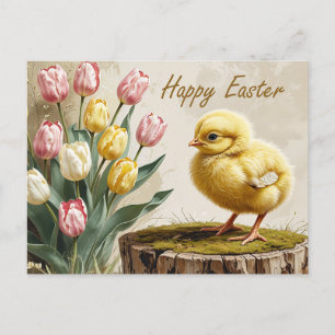 Happy Easter Vintage Chicken with Tulips Holiday Postcard