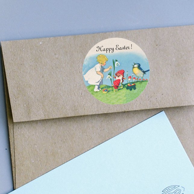 Happy Easter Vintage Elves Eggs Classic Round Sticker (Little girl talking to cute elves in red hats with a bird and flowers on Happy Easter stickers.)