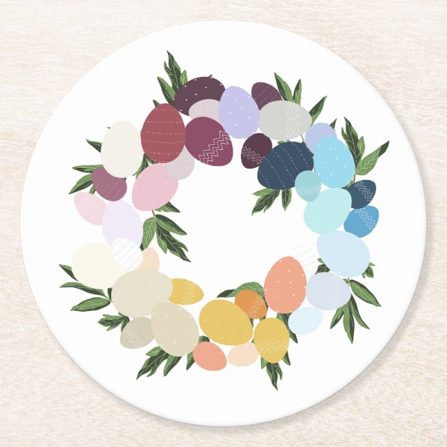 Happy Easter. Vintage Holiday Wreathe.  Round Paper Coaster (Front)