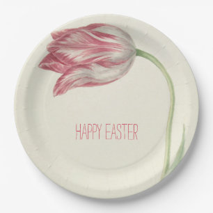 Happy Easter   Vintage Pink Tulip   Paper Plate