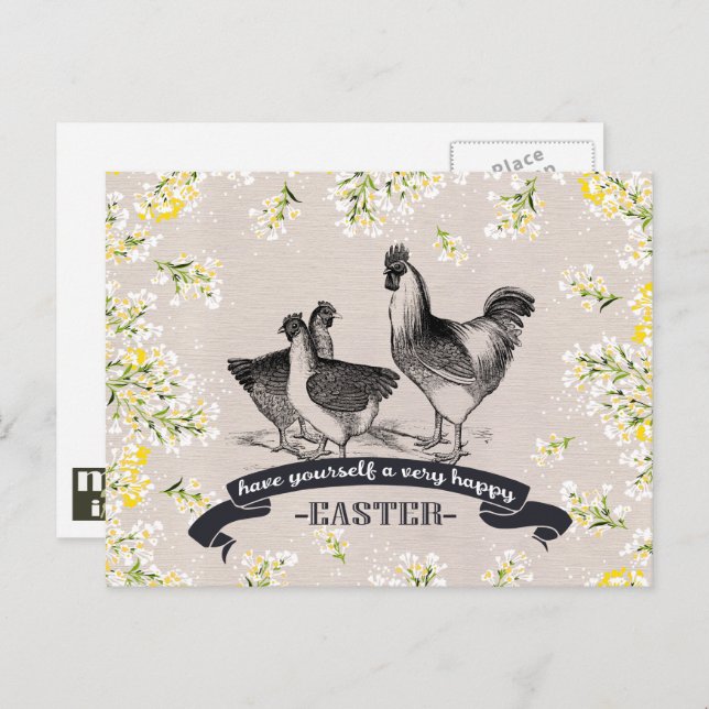 Happy Easter. Vintage Rooster & Hens Easter Holiday Postcard (Front/Back)