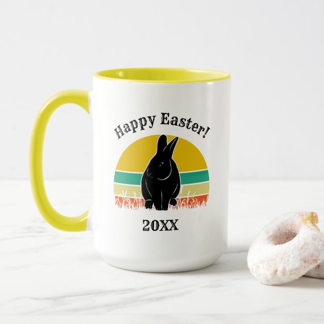 Happy Easter Vintage Sunset Bunny Silhouette Mug (With Donut)