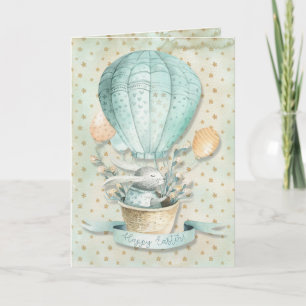Happy Easter ! Watercolor Air Balloon and Bunny Card