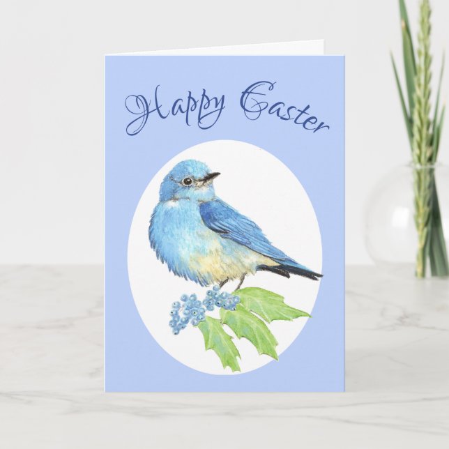 Happy Easter Watercolor Bird, Mountain Bluebird Holiday Card (Front)
