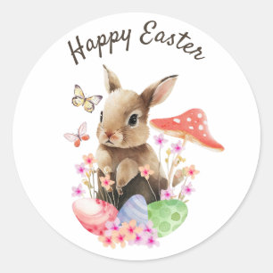 Happy Easter Watercolor Bunny And Easter Eggs Classic Round Sticker