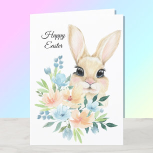 Happy Easter Watercolor Bunny Blue Flowers Holiday Card