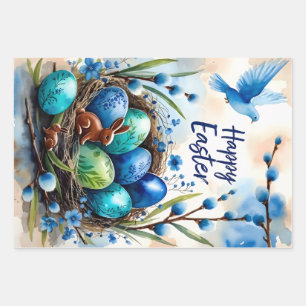 Happy Easter Watercolor Bunny Nest Card Wrapping Paper Sheet