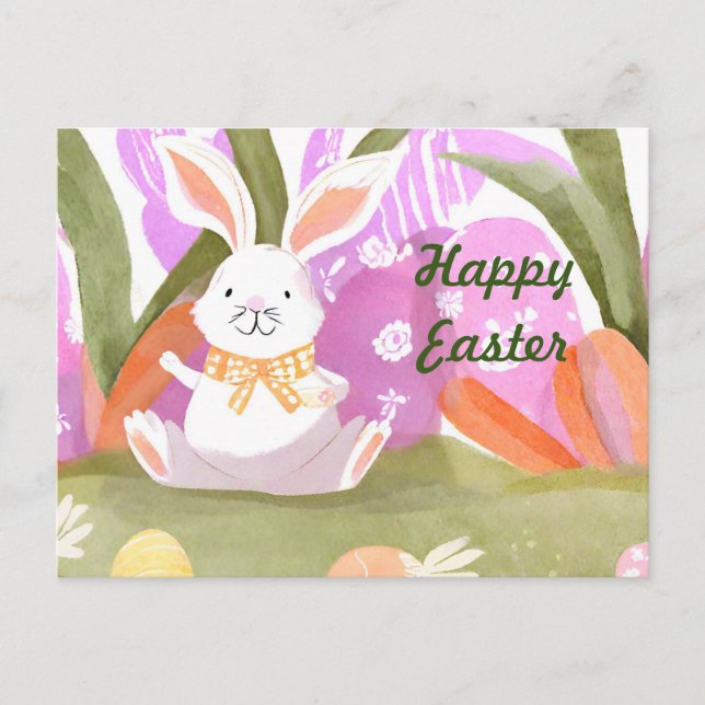 Happy Easter Watercolor Bunny with Easter Eggs  Holiday Postcard (Front)