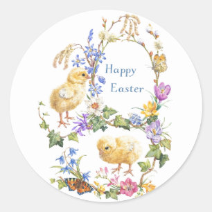 Happy Easter Watercolor Chicks Floral Wreath Classic Round Sticker