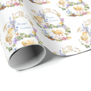Happy Easter Watercolor Chicks Floral Wreath Wrapping Paper