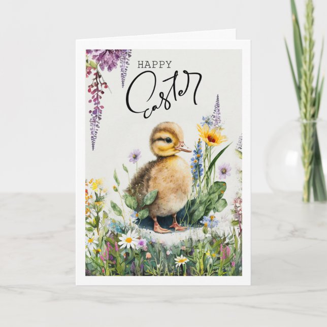 Happy Easter. Watercolor Cute Duckling Holiday Card (Front)