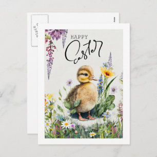 Happy Easter. Watercolor Cute Duckling Holiday Postcard