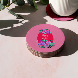 Happy Easter watercolor floral pink egg Round Paper Coaster