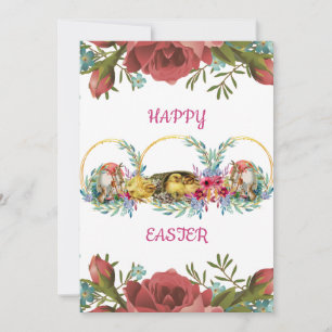 Happy Easter Watercolor Floral Roses Eggs Chick Holiday Card