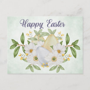 Happy Easter Watercolor Flowers and Easter Eggs  Holiday Postcard