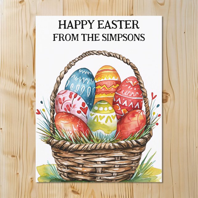 Happy Easter Watercolor Painted Egg Basket Family Postcard (Creator Uploaded)
