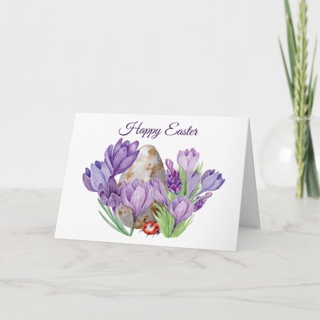 Happy Easter Watercolor Purple Crocus Flowers Card (Front)
