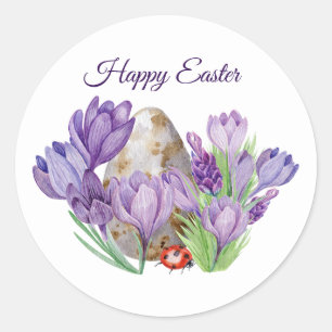 Happy Easter Watercolor Purple Crocus Flowers  Classic Round Sticker