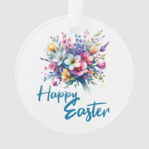 Happy Easter watercolor Spring Flower Bouquet Ornament