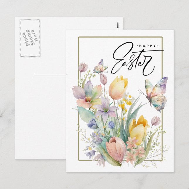 Happy Easter. Watercolor Tulips and Butterfly Holiday Postcard (Front/Back)