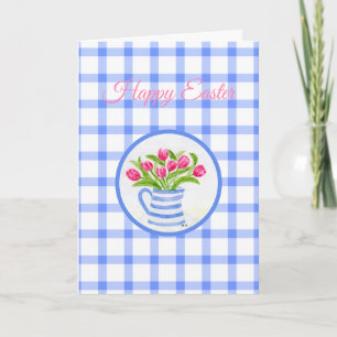 Happy Easter Watercolor Tulips Blue Chech Holiday Card