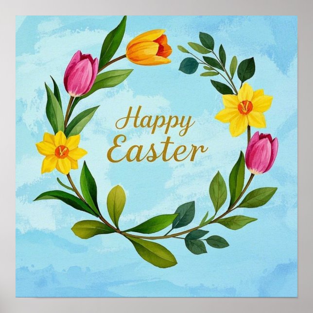 Happy Easter Watercolor wreath of tulips Poster (Front)